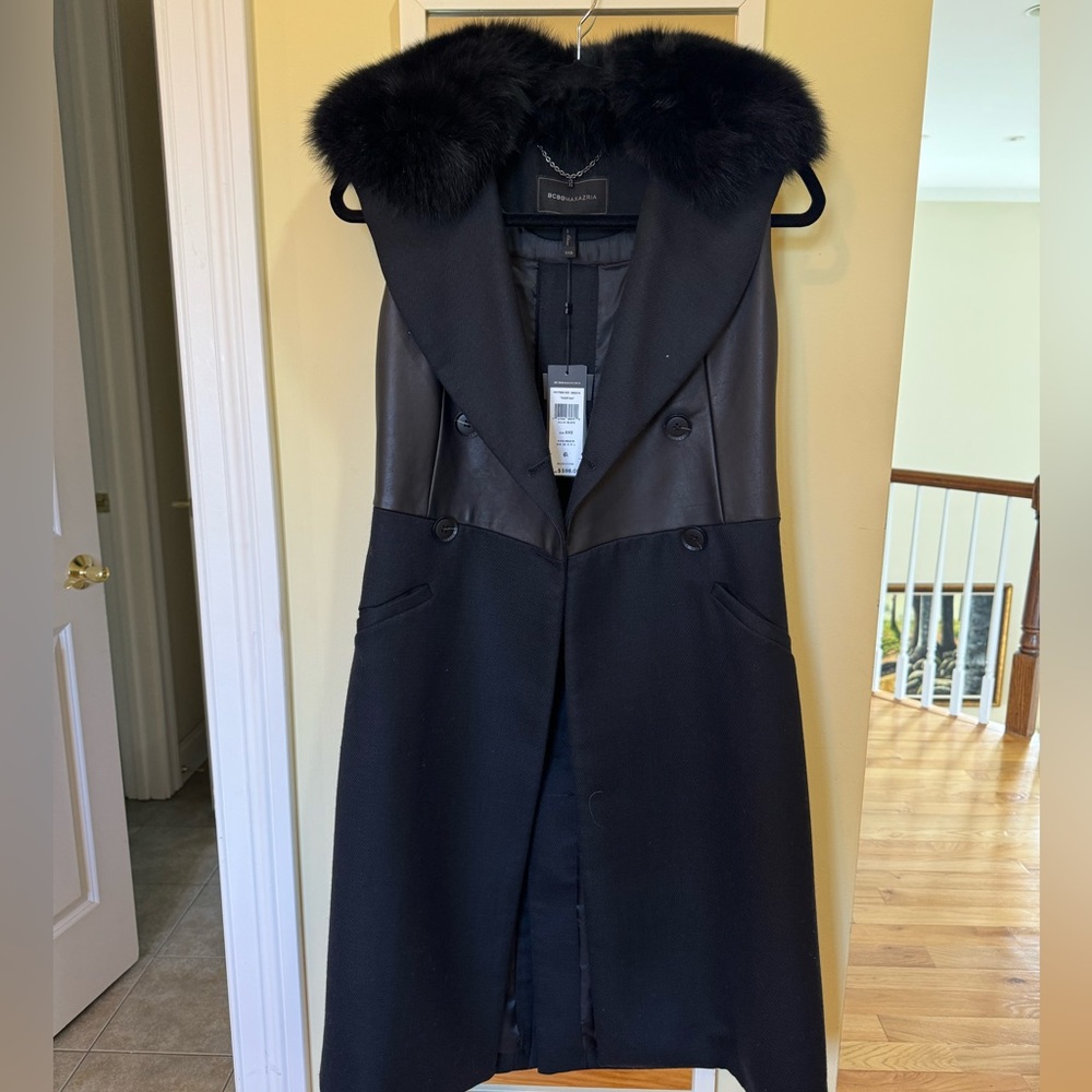 NWT BCBGMAXAZRIA Black Fur Leather Coat Vest
